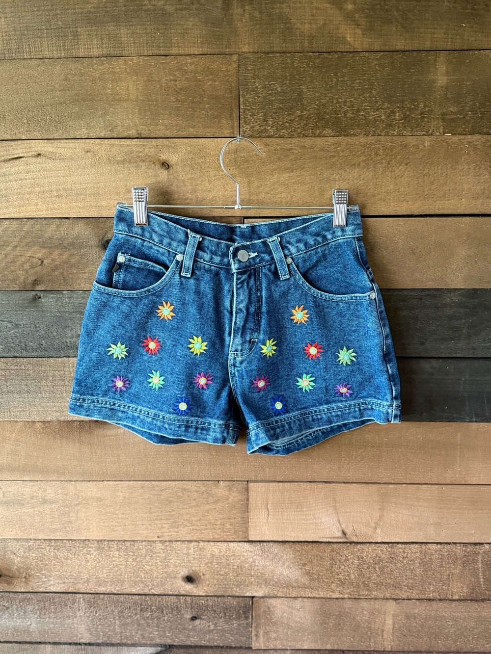 Vintage Y2K Denim Floral Embroidered Shorts Colorful Daisy Low Rise